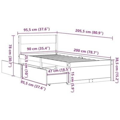 Bedframe met lades massief grenenhout wit 90x200 cm