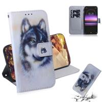 Witte Wolf patroon gekleurde tekening horizontale Flip lederen case voor Sony Xperia 1 met houder & kaartsleuven & portemonnee - thumbnail
