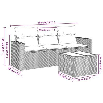 4-delige Loungeset met kussens poly rattan grijs - thumbnail