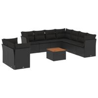 10-delige Loungeset met kussens poly rattan zwart - thumbnail