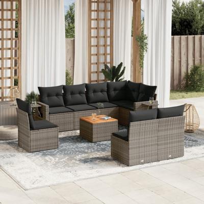 9-delige Loungeset met kussens poly rattan grijs