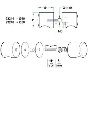 Knoppaar glasdeur STAR ø50mm rvs mat