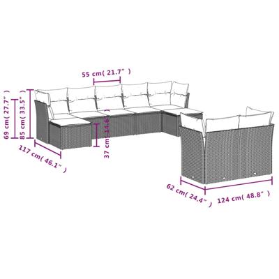 10-delige Loungeset met kussens poly rattan zwart - thumbnail