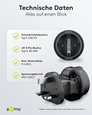 Goobay 95307 Reisadapter voor Engeland UK/reisstekker stopcontact/geaarde contactdoos naar UK 3-pins stekker (type G) / Travel Adapter/netadapter/zwart
