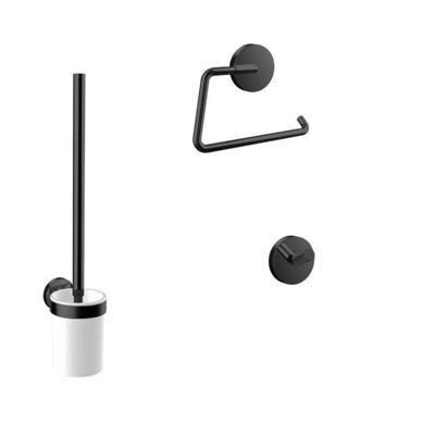 Emco Round Toiletaccessoireset - toiletborstelhouder - open - toiletrolhouder - zonder klep - handdoekhaken - 2 stuks - enkel - zwart 439813300