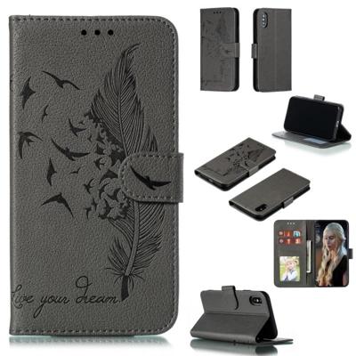 Feather patroon Litchi textuur horizontale Flip lederen draagtas met portemonnee & houder & kaartsleuven voor iPhone XS/X (grijs)