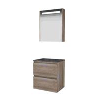 Basic-Line Premium 46 Badkamermeubelset - 60 x 46 cm - Greeploos - 2 Lades - Hardstenen Wastafel - Zonder Kraangat - Spiegelkast met LED Verlichting - Scotch Oak - thumbnail