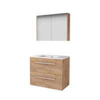 Basic-Line Comfort 46 Badkamermeubelset - 80 x 46 cm - Met Grepen - 2 Lades - Keramische Wastafel - 1 Kraangat - Spiegelkast - Whisky Oak - thumbnail