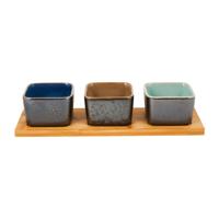 Tapas plank met 3 bakjes - bamboe/keramiek - thumbnail