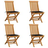Tuinstoelen 4 st met zwarte kussens massief teakhout - thumbnail