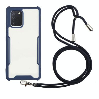 Voor Samsung Galaxy A51 Acryl + Kleur TPU Shockproof Case met Neck Lanyard (Donkerblauw)