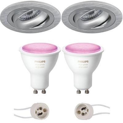 GU10 Inbouwspot Set - Mat Zilver - Inbouw Rond - Kantelbaar - Philips Hue - White and Color Ambiance - Bluetooth - Pragmi Alpin Pro - Ø92mm