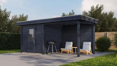 Lugarde Select Vught Modern tuinhuis Vught 250x250 cm + overkapping 300 cm 28 mm vuren zwart geolied- Plat dak- - Lugarde Select