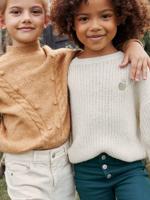 Gebreide meisjestrui met iriserende badge en parels ecru - thumbnail