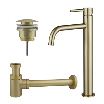 Fortifura Calvi Slim Wastafelkraanset - verhoogde wastafelkraan - klikwaste plug - verlaagde design sifon - Geborsteld Messing PVD (Goud) SW720546/SW696202/SW696218 Fortifura Calvi Slim Wastafelkraanset - verhoogde wastafelkraan - klikwaste plug - verlaagde design sifon - Geborsteld Messing PVD (Goud) SW720546/SW696202/SW696218
