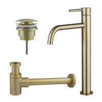 Fortifura Calvi Slim Wastafelkraanset - verhoogde wastafelkraan - klikwaste plug - verlaagde design sifon - Geborsteld Messing PVD (Goud) SW720546/SW696202/SW696218 - thumbnail