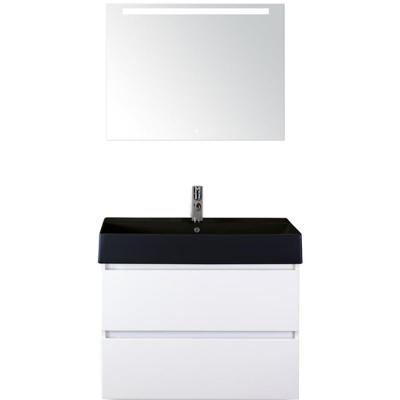 Maxx XL Badmeubelset 80 cm - Wit Hoogglans - Wastafel Kube Zwart 1 Kraangat met LED Spiegel