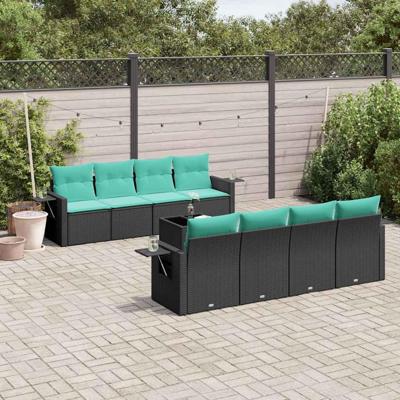 9-delige tuinbankset met kussens van zwart polyrotan