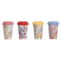 Kop met deksel DKD Home Decor Multicolour Blommor 400 ml (4 Stuks) - thumbnail