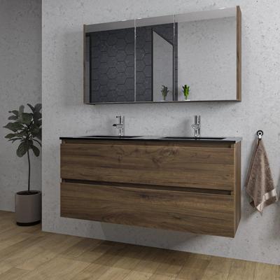 Adema Chaci Badkamermeubelset - 120x46x57cm - 2 keramische wasbakken zwart - 2 kraangaten - 2 lades - Spiegelkast - noten (hout) SW761657/SW812073/SW1212818/SW1212779