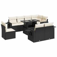 9-delige Loungeset met kussens poly rattan zwart - thumbnail