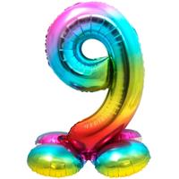 Regenboog Folieballon Cijfer 9 Op Standaard - 72cm - thumbnail