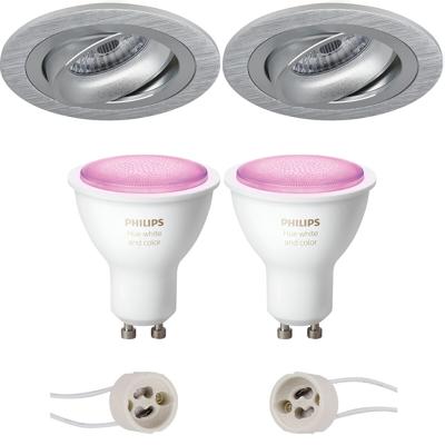 GU10 Inbouwspot Set - Mat Zilver - Inbouw Rond - Kantelbaar - Philips Hue - White and Color Ambiance - Bluetooth - Pragmi Alpin Pro - Ø92mm