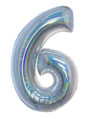 Folieballon Holografisch Zilver Cijfer &apos;6&apos; - 102cm