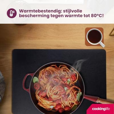 Cookinglife 6 Placemats + 6 Onderzetters - Dubbelzijdig - Vegan leer - Zwart / Cognac