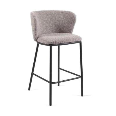 Kave Home Ciselia barkruk H65 bouclé Lichtgrijs poot zwart
