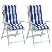 VidaXL Stoelkussens 2 st hoge rug gestreept stof wit en blauw - thumbnail