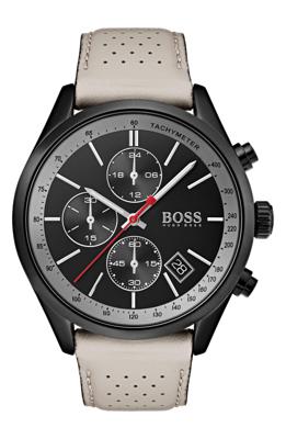 Boss Hugo Boss Heren chronograaf Grand Prix beige geperforeerde lederen bandhorloge 44 mm damesschoenen