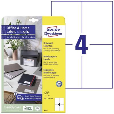 Avery-Zweckform 6124 105 x 148 mm Papier Wit 40 stuk(s) Permanent hechtend Universele etiketten Inkt, Laser, Kopie 10 vel Avery-Zweckform 6124 105 x 148 mm Papier Wit 40 stuk(s) Permanent hechtend Universele etiketten Inkt, Laser, Kopie 10 vel