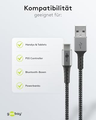 goobay USB-C naar USB-A textielkabel met metalen aansluitingen goobay USB-C naar USB-A textielkabel met metalen aansluitingen