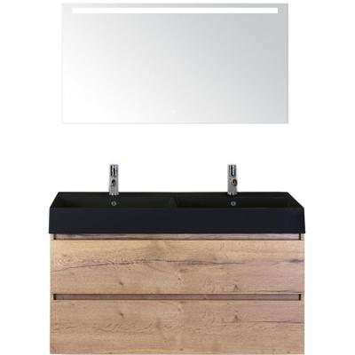Maxx XL Badmeubelset 120 cm - Natuur Eiken - Wastafel Kube Dubbel Zwart 2 Kraangaten met LED Spiegel