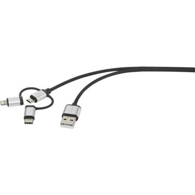 Renkforce RF3334580 USB-kabel USB 2.0 USB-A stekker, USB-C stekker, USB-micro-B stekker, Apple Lightning stekker 1.50 m Donkergrijs Gesleeved
