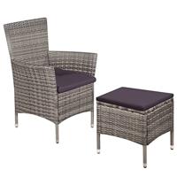 VidaXL Tuinstoel en kruk met kussens poly rattan grijs - thumbnail