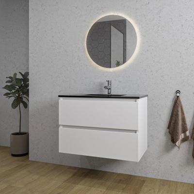 Adema Chaci Badkamermeubelset - 80x46x55cm - 1 keramische wasbak zwart - 1 kraangat - 2 lades - ronde spiegel met verlichting - mat wit SW718709/SW761655/SW108328