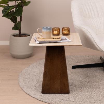 Sohome Vierkante Bijzettafel 'Bailey' Mangohout en Travertin, 45 x 45cm Sohome Vierkante Bijzettafel 'Bailey' Mangohout en Travertin, 45 x 45cm