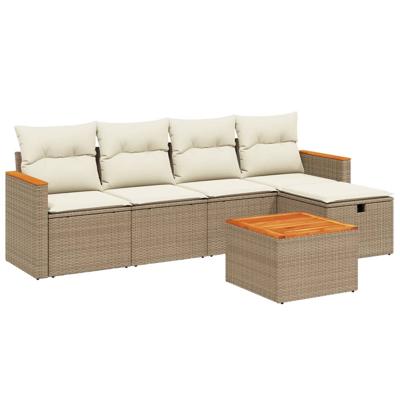 5-delige Loungeset met kussens poly rattan beige