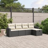 5-delige Loungeset met kussens poly rattan zwart - thumbnail