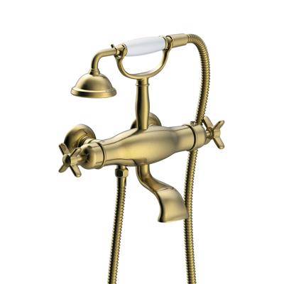 Badkraan Tres Clasic | Opbouw | Thermostaatkraan | Incl.Handdoucheset | 2-weg | hoh 15 cm | 2-knops | Vintage | Messing oud