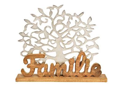 Opsteller boom met opschrift "Familie" op metalen sokkel, zilver (B/H/D) 51x42x10cm