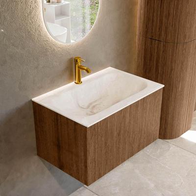 Mondiaz KURVE-DLUX 70 cm Onderkast Greeploos 1 Lade Zonder Deuren Walnut, Wastafel Solid Surface Volledig Frappe 1 Kraangat Zonder Spiegel (KRVBGS701L0D1KM-Wal/Fra)