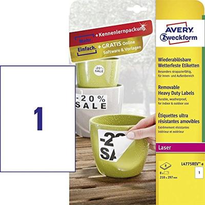 Avery-Zweckform L4775REV-8 Folie-etiketten 210 x 297 mm Polyester folie Wit 8 stuk(s) Weer verwijderbaar Laser (kleur), Laser (zwart/wit), Kopiëren (kleur),