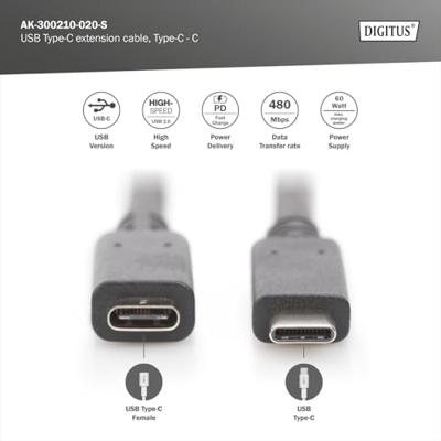 Digitus AK-300210-020-S USB-kabel USB 2.0 USB-C stekker, USB-C bus 2.00 m Zwart Flexibel, Folie afscherming, Afscherming gevlochten