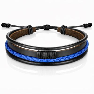 Heren armband Leer Zwart Blauw Verstelbaar Touw Multi armband