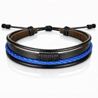 Heren armband Leer Zwart Blauw Verstelbaar Touw Multi armband - thumbnail