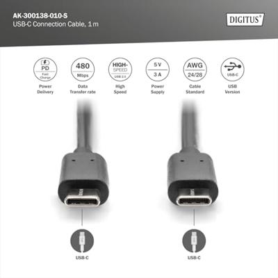 Digitus AK-300138-010-S USB-kabel USB 2.0 USB-C stekker, USB-C stekker 1.00 m Zwart Digitus AK-300138-010-S USB-kabel USB 2.0 USB-C stekker, USB-C stekker 1.00 m Zwart
