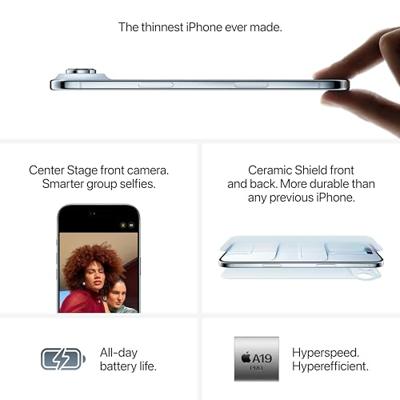 Apple iPhone Air 1 TB: dunste iPhone ooit, 6,5‑inch display met ProMotion tot 120 Hz, krachtige A19 Pro-chip, Center Stage-camera aan de voorkant, batterij voor een hele dag; Wolkenwit